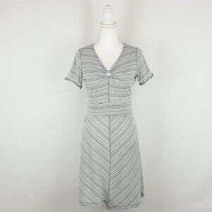 Exofficio Women's XS Gray White Striped V-Neck Short Sleeve Knit Jersey Dress
